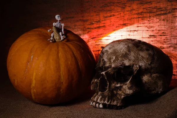 Crânio humano com luz vermelha no fundo têxtil marrom, conceito de decorações de Halloween — Fotografia de Stock