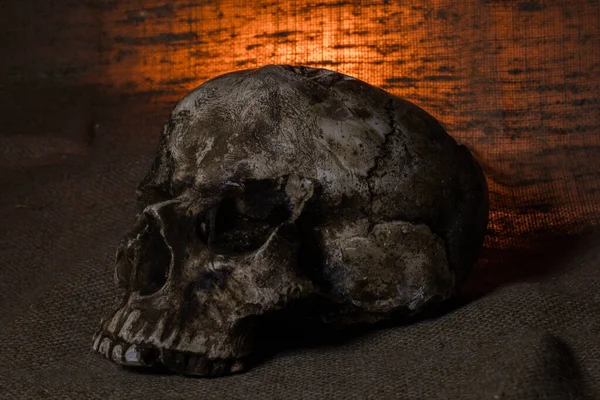 Human Skull med rött ljus på brun textil bakgrund, Halloween dekorationer koncept — Stockfoto