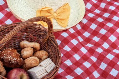 Tatildeyken piknik yapmak. Yemek vakti. Farklı gıda ürünleri. Lezzetli iştah açıcı yemekler..