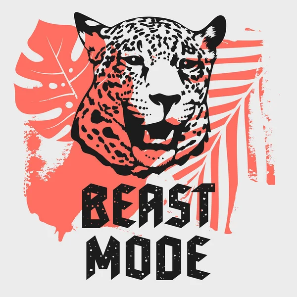 Diseño Camiseta Con Cabeza Leopardo Plantas Tropicales Lema Modo Bestia — Foto de stock gratuita