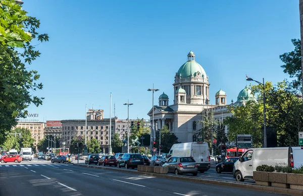 Zicht Het Dagelijkse Verkeer Servische Hoofdstad Belgrado Servië Met Het — Stockfoto