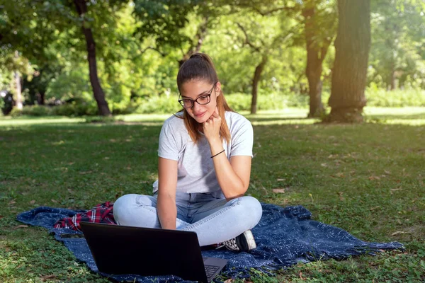 Genç ve güzel bir kız öğrenci parkta battaniyenin üzerinde oturuyor ve dizüstü bilgisayarında internette sörf yapıyor.