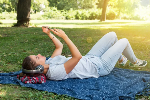 Young Happy Woman Girl Taking Photo Her Smartphone Park While — Stock Photo, Image