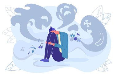 Adam akustik fobi, korku hastalığından muzdarip. Guy Gürültüyü tekrarlamaktan korktu, dizlerini kendine doğru çekti ve onlara saklandı. Korkunç Görüntü Düşüncesi Tepesinde Çember çiziyor, Kafasında Korku.
