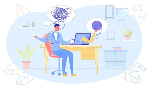 Tangled Businessman Sitting at Laptop in Office Need Psychological Counseling. Human Hand Stretching from Screen Offering Problem Solution. Online Psychologist Assistance. Vector Illustration