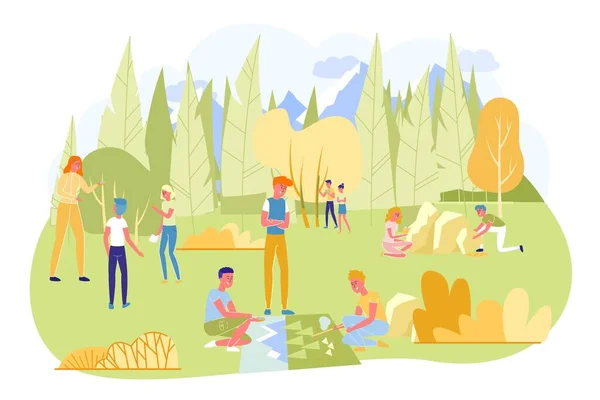 Niños Viaje Camping Con Geografía Profesor Forest Flat Cartoon Vector — Archivo Imágenes Vectoriales