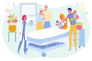 Doğumdan sonra hastaneye anne ziyareti. Hastane odasında bir sürü insan var. Daha büyük oğlu olan adam ikinci çocuk görünümünde seviniyor. Büyükanne ve büyükbaba Yatağın yanında duruyor Yeni doğmuş bebek.