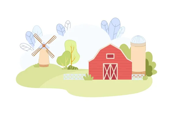 Red Wooden Barn Windmill Green Field Vector Illustration Flat Syle — стоковий вектор