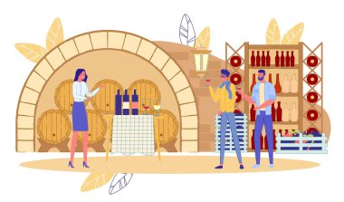 Şarap Degustation Festivali Şarap Mahzeninde. Kadın Profesyonel Uzman Erkek Grubuna Yeni Marka İçecek Özeti 'ni sunar. Alkolik içki tatma. Üzüm bağı. Vektör İllüstrasyonu