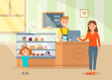 Karikatür mutlu anne ve küçük kızı pasta seçin