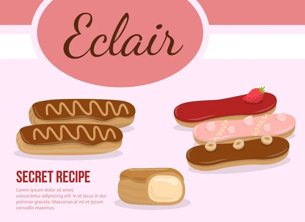 Eclair vidrado doce com creme, chocolate , — Vetor de Stock