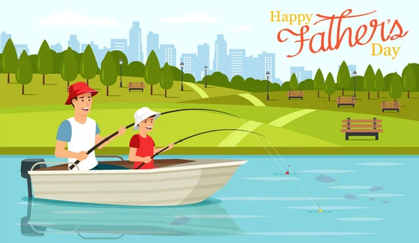 Cartone animato papà e figlio seduto in barca e pesca — Vettoriale Stock