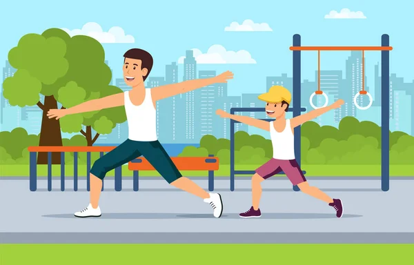 Cartoon pappa och son gör sport tillsammans — Stock vektor