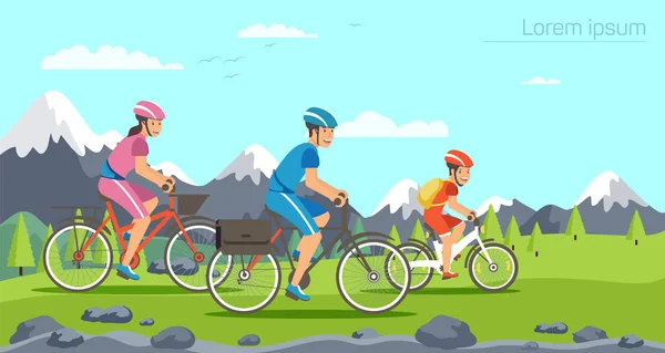 Familia de dibujos animados montando en bicicletas. Montañas — Vector de stock