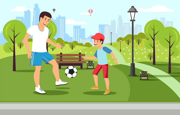 Мультфильм отец играет в футбол с сыном в парке
