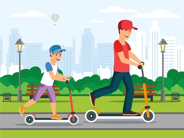 Cartoon-Vater und Vater fahren auf Roller im Park — Stockvektor