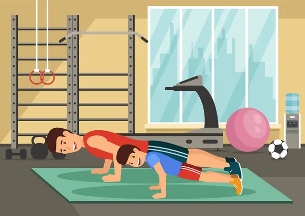 Cartoon lachende vader en zoon push-up in sportschool — Stockvector