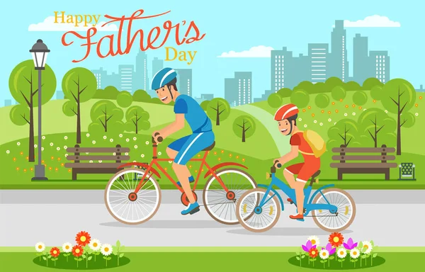 Cartone animato padre con figlio a cavallo su biciclette nel parco — Vettoriale Stock