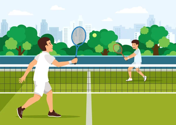 Cartoon far leker med sonen i tennis — Stock vektor