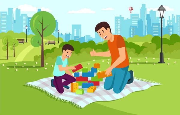 Cartoon pappa med son i park samla konstruktor — Stock vektor
