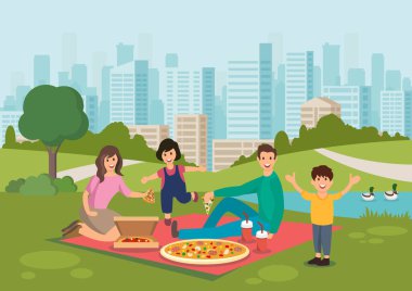 Karikatür mutlu aile piknik Park pizza yemek