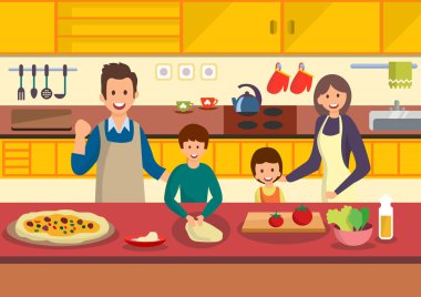 Mutlu çizgi film aile pizza mutfak aşçılar.