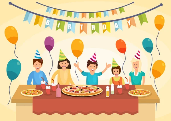 卡通快乐的家庭正在吃比萨饼过生日 — 图库矢量图片