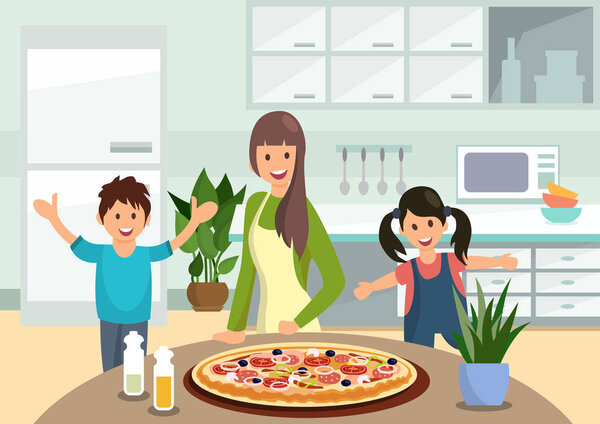 Cartoon mother feeds children with cooked pizza