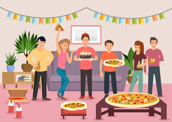 Grupo de desenhos animados de pessoas alegres comendo pizza —  Vetores de Stock