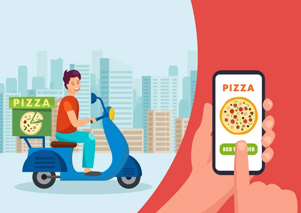 Caricatura mensajero va en scooter. Concepto de pizzería — Archivo Imágenes Vectoriales