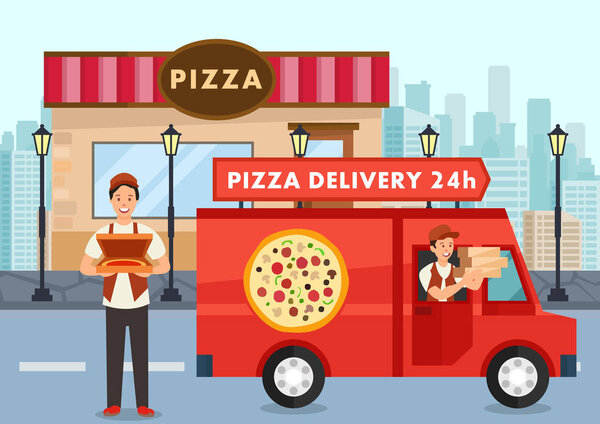 Cartoon pizza courier on truck carries pizza order