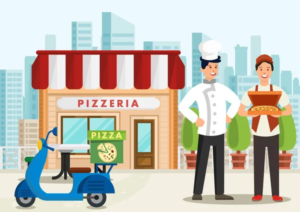 Мультфильм pizzaiolo стоит рядом с пиццей — стоковый вектор