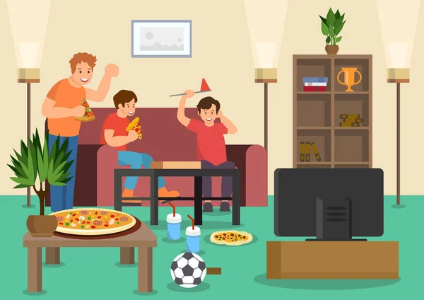 Amigos de dibujos animados fans comen pizza viendo fútbol — Vector de stock