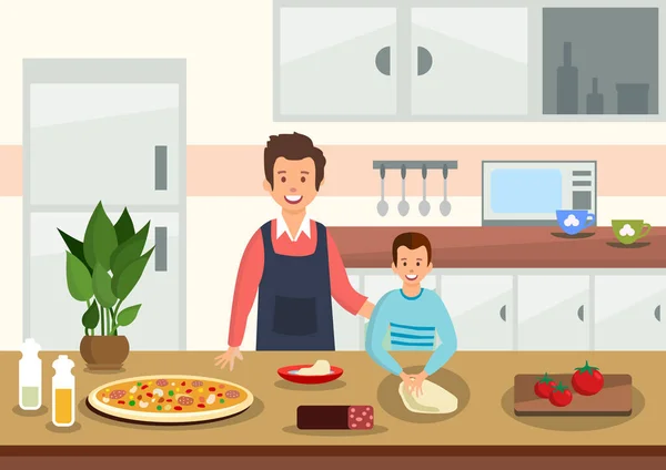Pai dos desenhos animados ajuda filho a amassar massa para pizza — Vetor de Stock