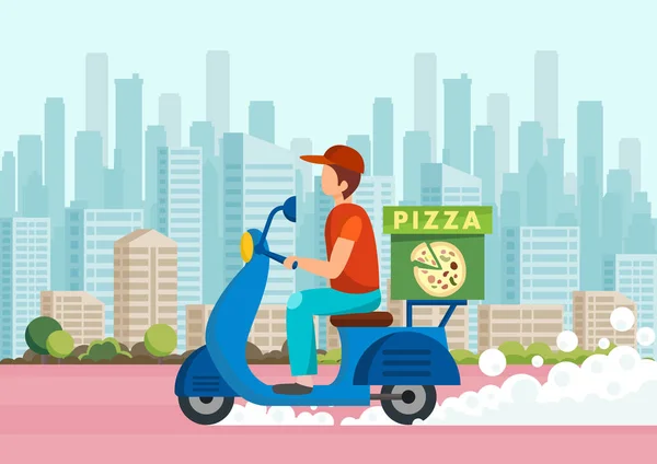 Caricatura pizza courier lleva pizza en scooter — Vector de stock
