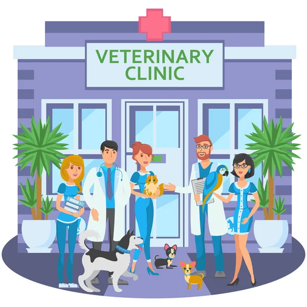 Groupe de bande dessinée de vétérinaires joyeux avec des animaux de compagnie — Image vectorielle