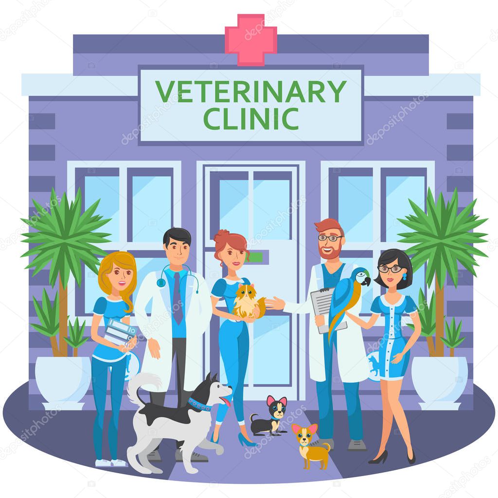 Cartoon group of joyful veterinarians with pets