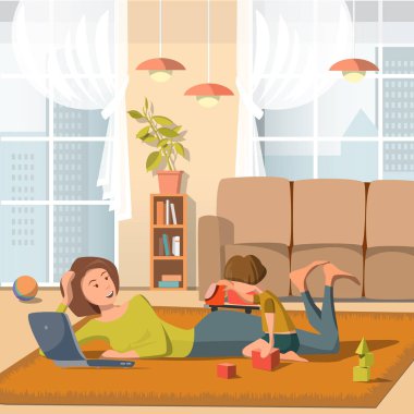 Çalışan anne. Vektör çizim.