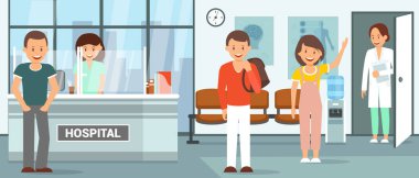 Kliniğindeki resepsiyon odasında. Vektör düz çizim