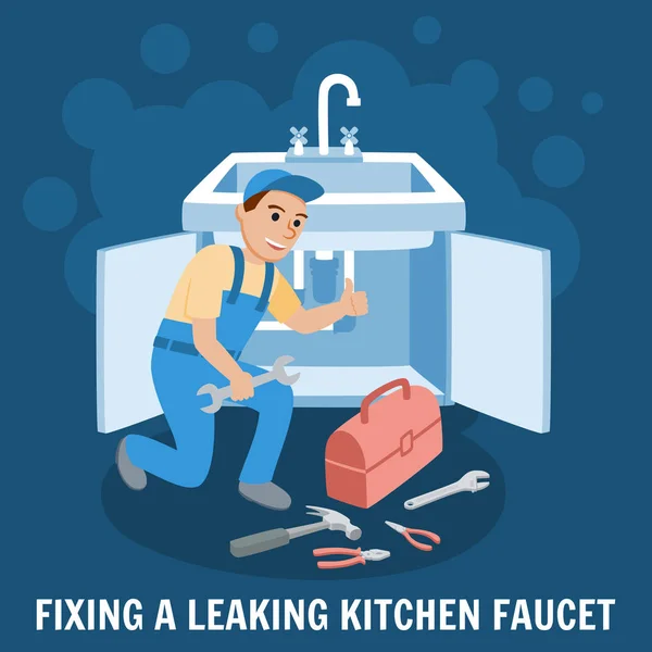 Fixing Leaking Kitchen Faucet. Vector Illustration — Stock Vector