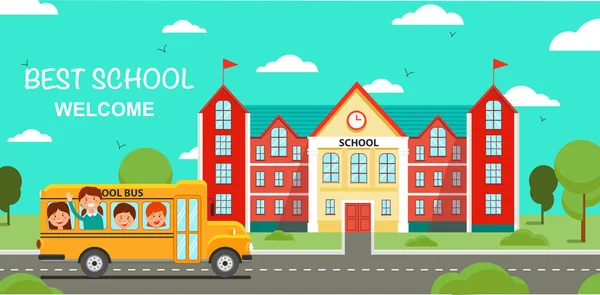 Schoolbus and School Building. Vector Illustration — Stock Vector