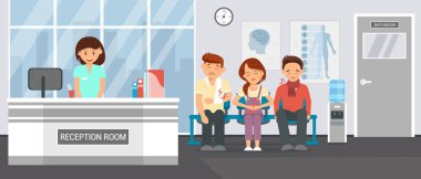 Kliniğindeki resepsiyon odasında. Vektör düz çizim
