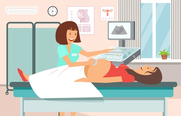 Ultrazvukové vyšetření těhotných. Vektorové ilustrace plochá — Stockový vektor