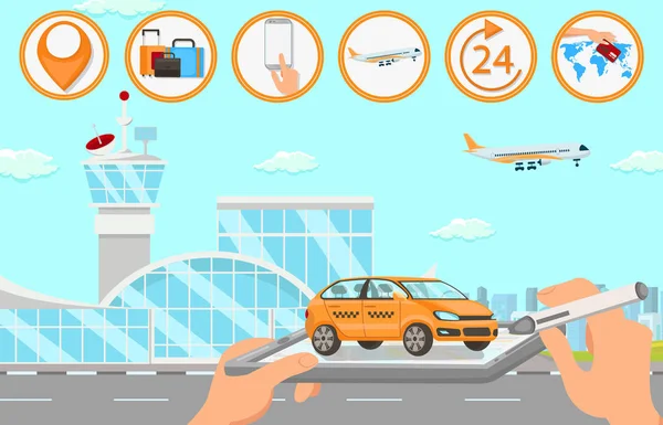 Servicios de taxi en el aeropuerto. Ilustración plana vectorial — Vector de stock
