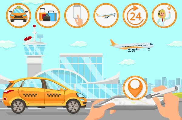 Servicios de taxi en el aeropuerto. Ilustración plana vectorial — Vector de stock