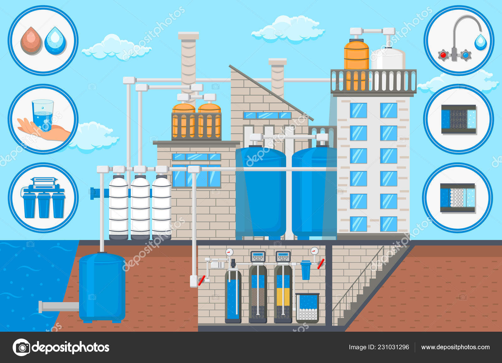 Water Treatment Industry. Water Tower. Vector. Stock Vector Image by