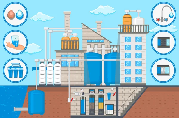 Industria de Tratamiento de Agua. Torre de agua. Vector . — Vector de stock