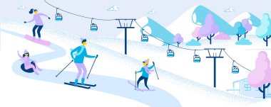 Kayak Merkezi'nde aile. Kış Aktivite ve Spor. İnsanlar Kayak ve Kızak. Snowboard'a yenik düşüyor. Ropeway, Asansör. Çocuklar ve Ebeveynler Açık Havada Eğlenin. Karlı Manzara. Vektör Eps 10.