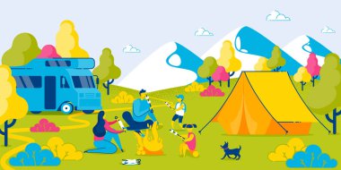 İnsanlar dışarıda piknik var. Aile Kampı. Marşmelovu Ateşe. Bonfire yakınlarında dinleniyorum. Manzara, Dağ Tepeleri. Anne, Baba ve Çocuklar Ormana Yürüyüş. Yaz tatili. Vektör Eps 10.