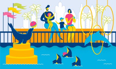 Dolphinarium'da aile birlikte. Yunuslar ve Kürk Seals gerçekleştirin. Anne, Baba ve Çocuklar Show izliyor. Hayvanlar Yüzer ve Top Oynar. Hoops'tan atla. Hayvanat Bahçesindeki aile. Sirk, akvaryum. Vektör Eps 10.